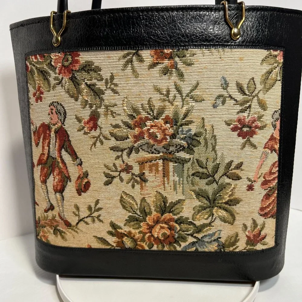 Vintage Handbag‎ Black with Tapestry Front craft bag hard side purse granny bag
